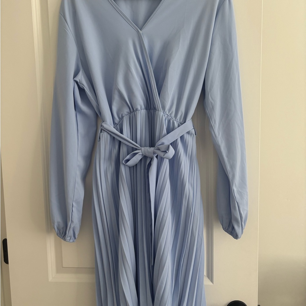 Blue Pleated Tie Front Long Sleeve Sundress